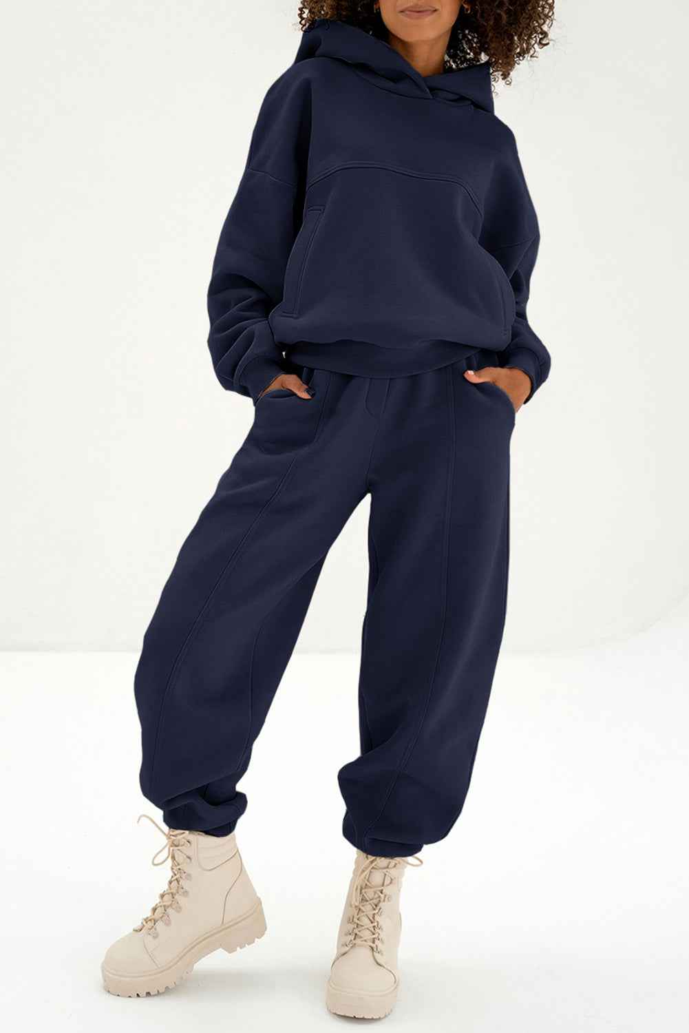 Navy Blue Solid Exposed Seams Hoodie and Joggers Activewear Set Navy Blue 50%Polyester+50%Cotton 7e4618245363727a