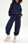 Navy Blue Solid Exposed Seams Hoodie and Joggers Activewear Set Navy Blue 50%Polyester+50%Cotton 7e4618245363727a