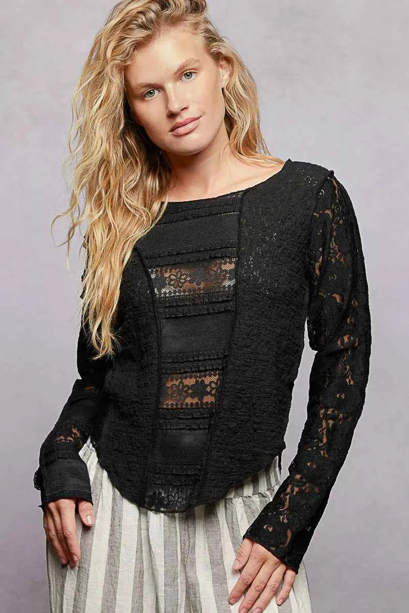 POL Round Neck Long Sleeve Exposed Seam Top with Lace Detail BLACK 7e4ed94a-f3de-418e-8f6d-94f6e506af40-Max-Origin