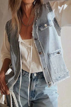 Frayed Edge Flap Pockets Denim Vest Jacket Light Blue 7e539d20-cb44-460d-87d1-6e28c4b41b4c-Max-Origin