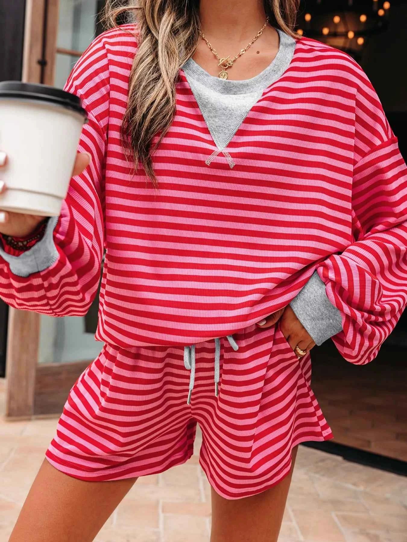 Stripe Drop Shoulder Baggy Top and Shorts Casual Set