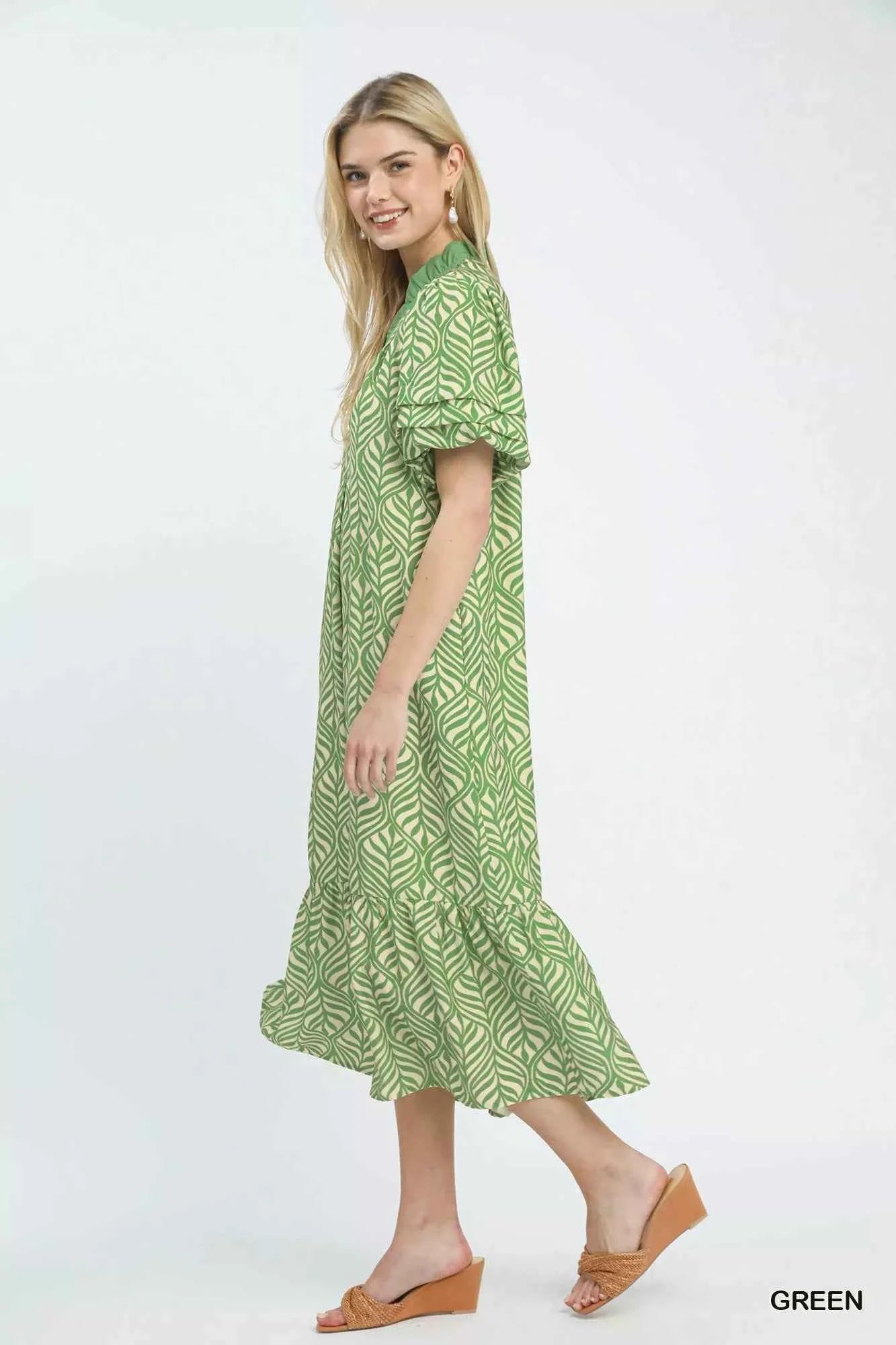 Umgee Leaf Print Ruffle Neck Midi Dress 7e56b01a-8593-48dc-b1a4-d6669d0c954b-Max-Origin