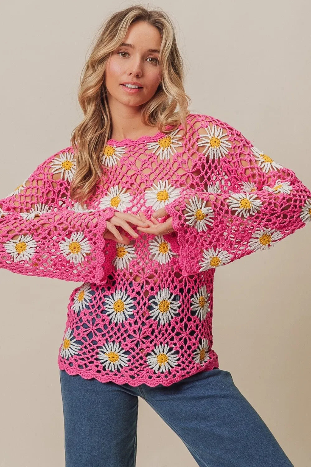 BiBi Floral Crochet Net Lace Cover Up Fuchsia 7e570f12-969f-44cd-b871-0a44ed5338e5-Max