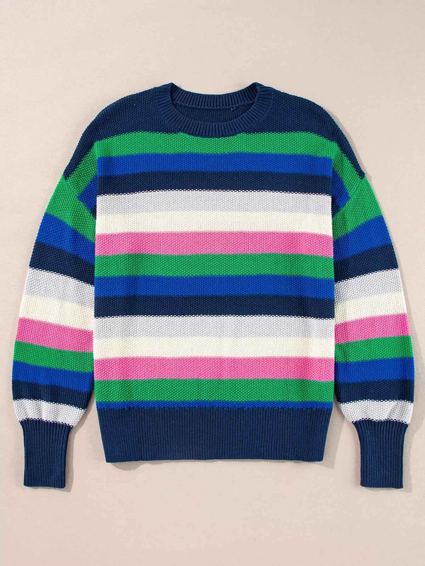 Rainbow Striped Crew Neck Drop Shoulder Sweater 7e585c98c7394e98917ef5d92e14df07-Max-Origin