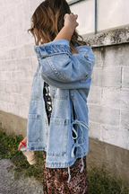 Beau Blue Multi Patched Pockets Side Tie up Boyfriend Style Denim Jacket 7e5ce136c4ef95fe