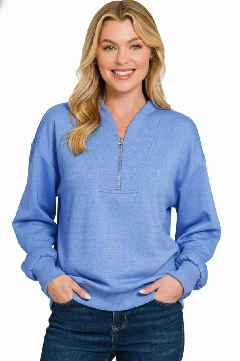 Zenana Scuba Half Zip Drop Shoulder Sweatshirt 7e5f1508-53e7-47f2-9018-642d77459638-Max-Origin