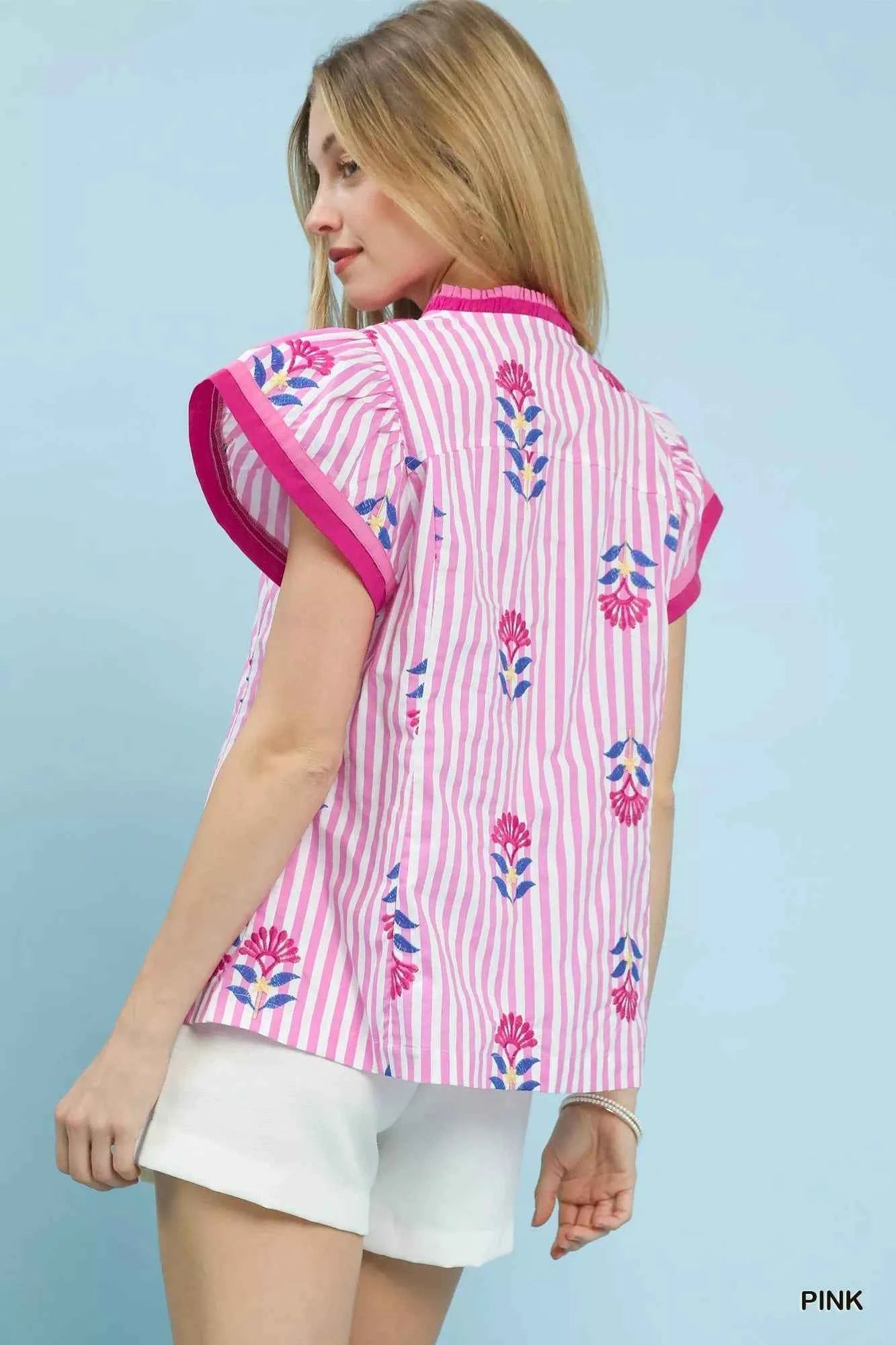 Umgee Embroidered Striped Flutter Sleeve Top 7e5fb1af-7c97-45c3-87c4-bc07faa63619-Max-Origin