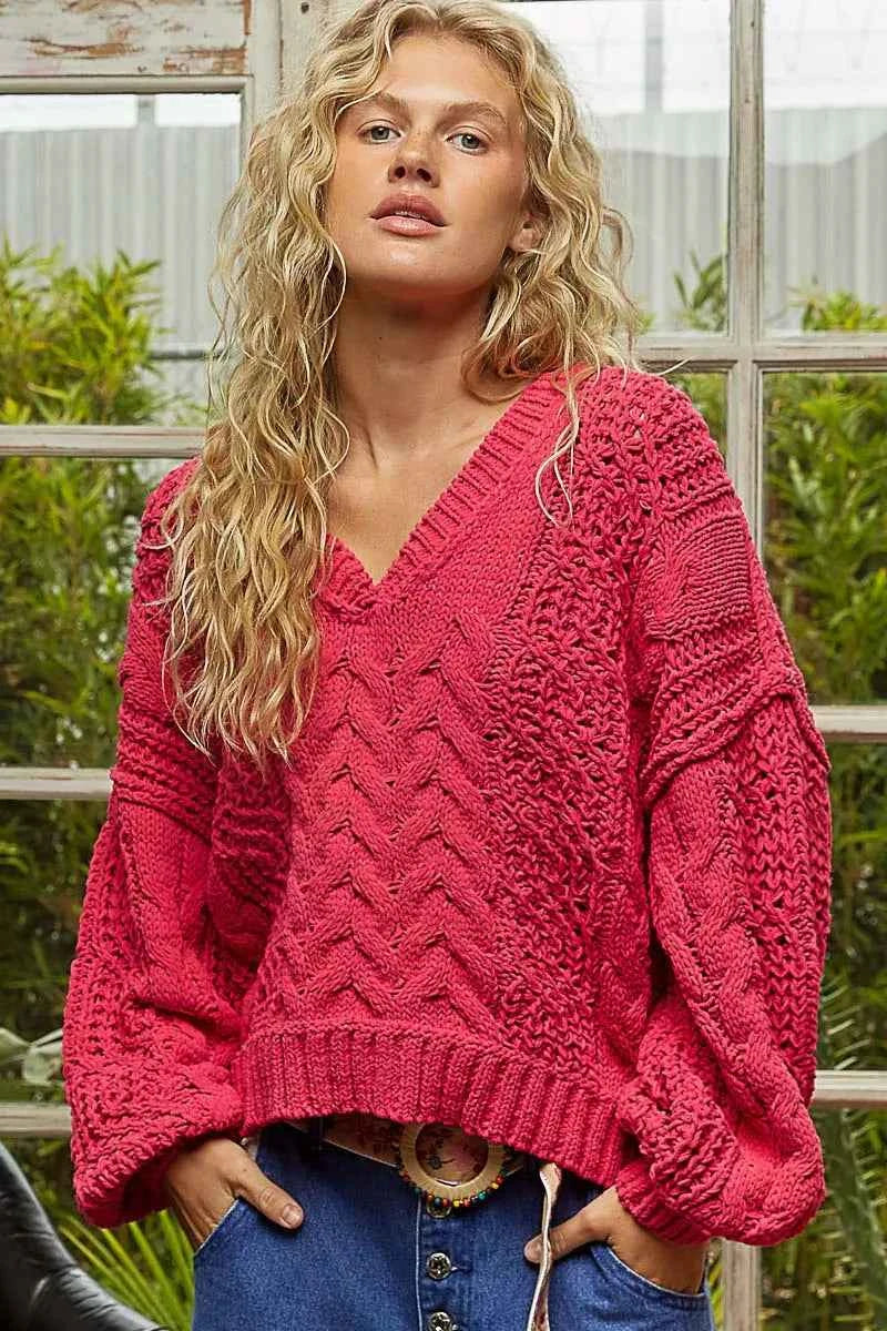 POL Cable-Knit Solid V-Neck Cropped Sweater 7e6173e5-4c4f-443f-926d-72b343607875-Max-Origin