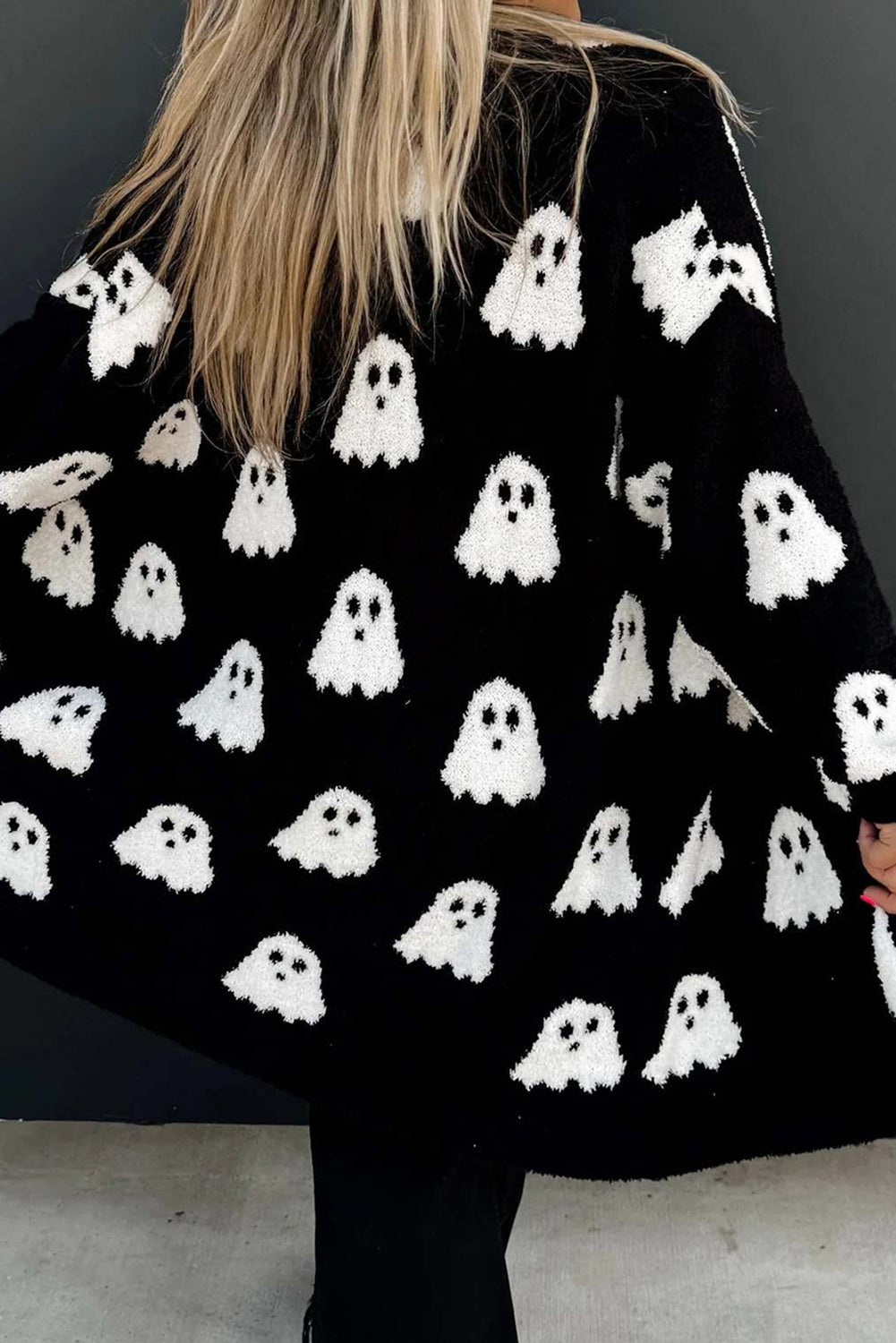Black Halloween Ghost Pattern Mid length Knitted Cardigan 7e6bd14a83d0568b