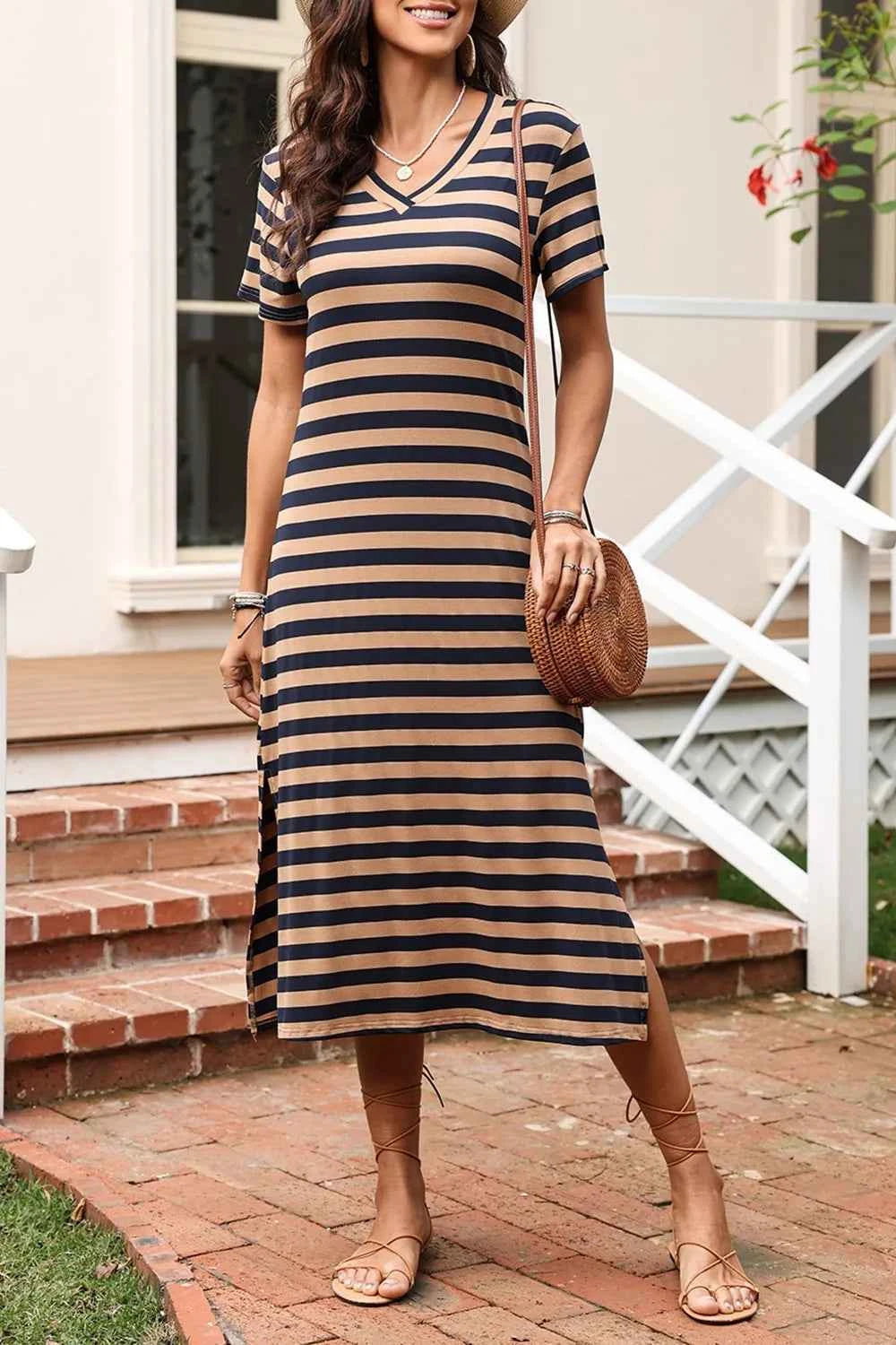 Casual Striped V-Neck Midi T-Shirt Dress Brown 7e6bf086-8eee-4ea4-8967-8d2b451277a8-Max