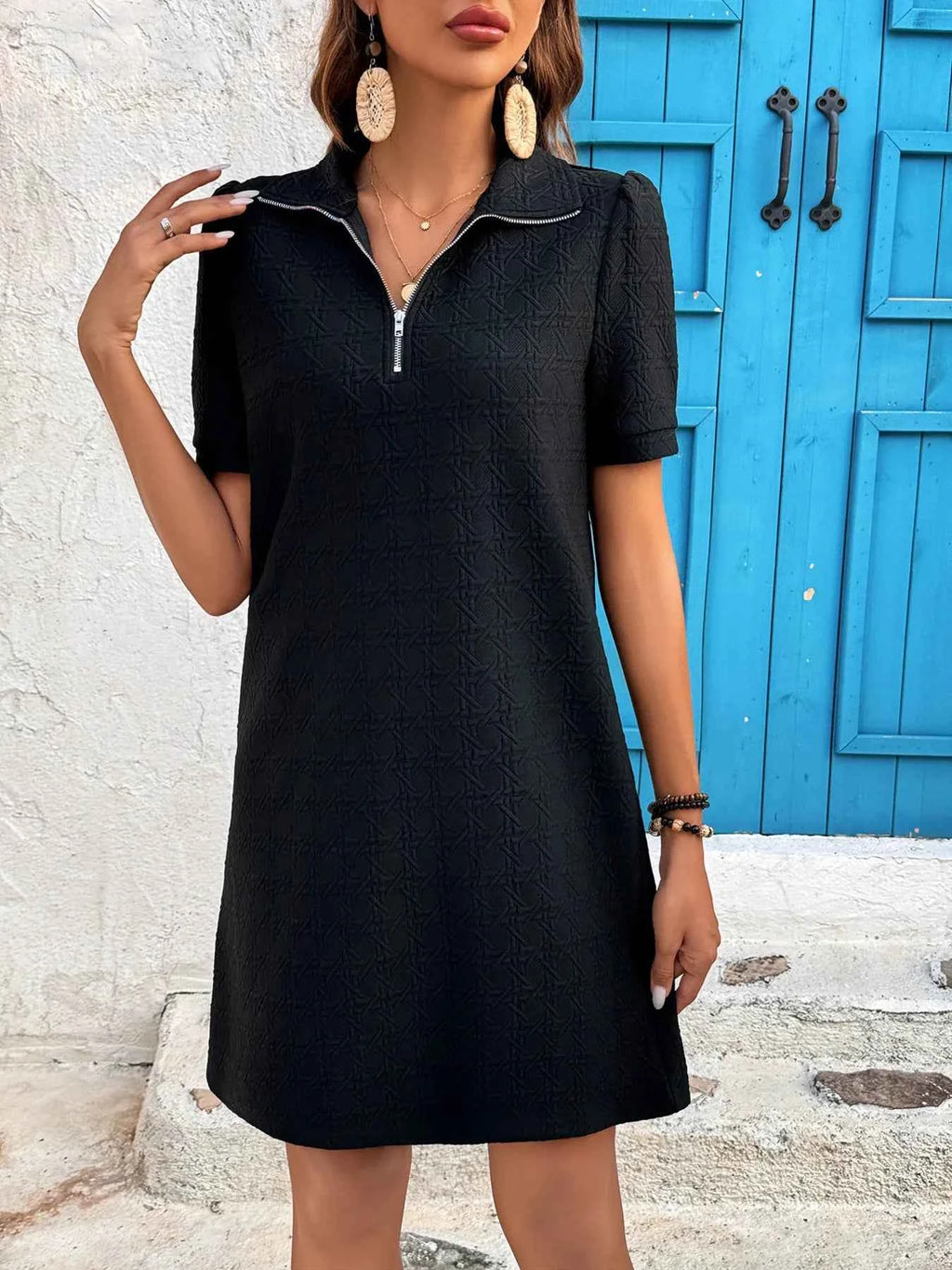 Zip Collar Short Sleeve Casual Mini Dress 7e6d89810aa34f8ebb20d7d584384a36-Max-Origin