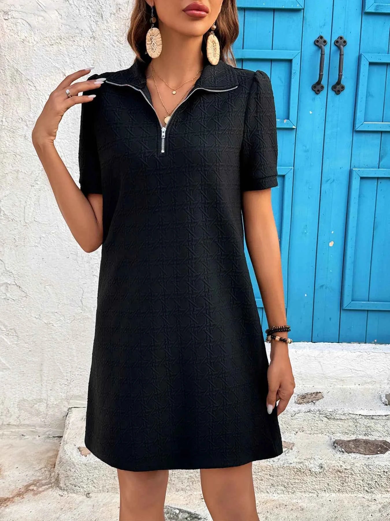Zip Collar Short Sleeve Casual Mini Dress 7e6d89810aa34f8ebb20d7d584384a36-Max-Origin