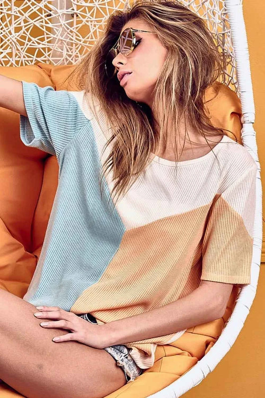 BiBi Round Neck Color Block Short Sleeve T-Shirt Mint Tangerine 7e6e8d0b-5d8a-4465-8f3e-5ea9a98efe23-Max