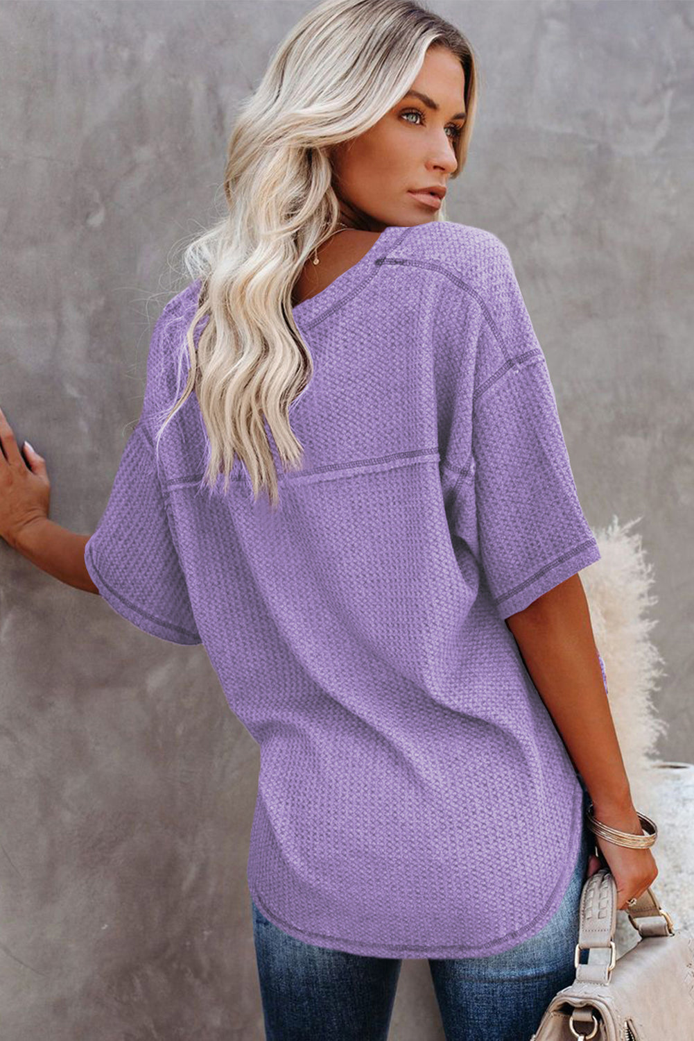 Blue Exposed Seam Drop Sleeve V Neck Waffle Textured Top 7e7185c8c001e202