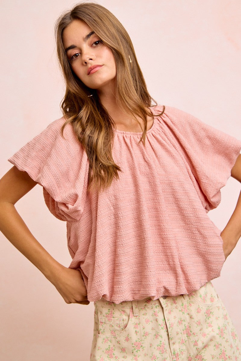 BiBi Stripes Textured Shirred Neckline Bubble Hem Top 7e7713ea28724ecb8f2021a5dc3d2e38-Max