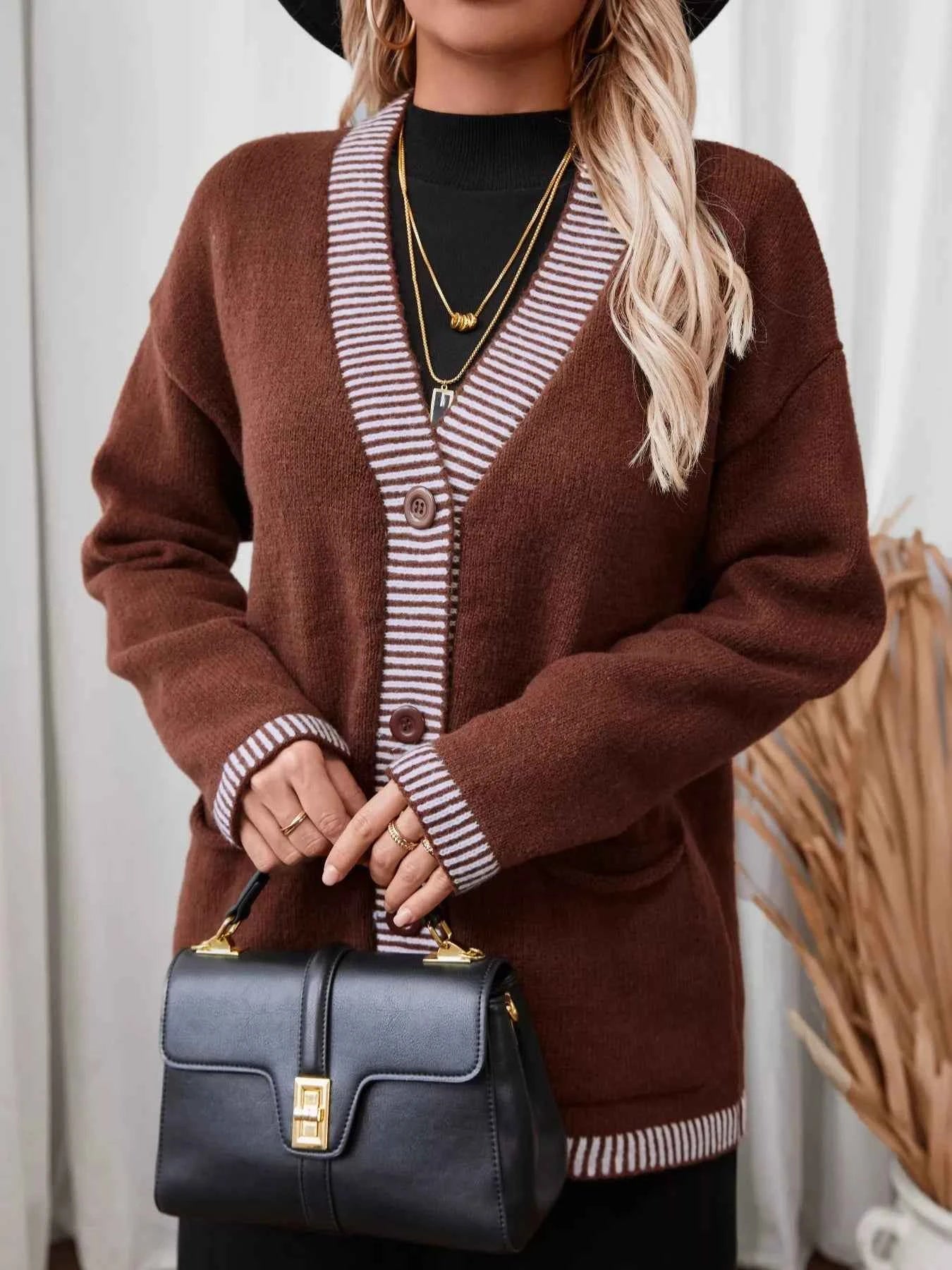 Striped Trim Button Front Pocket Knit Cardigan 7e77ad40b9984d5bb3b4468d6d6364f8-Max-Origin