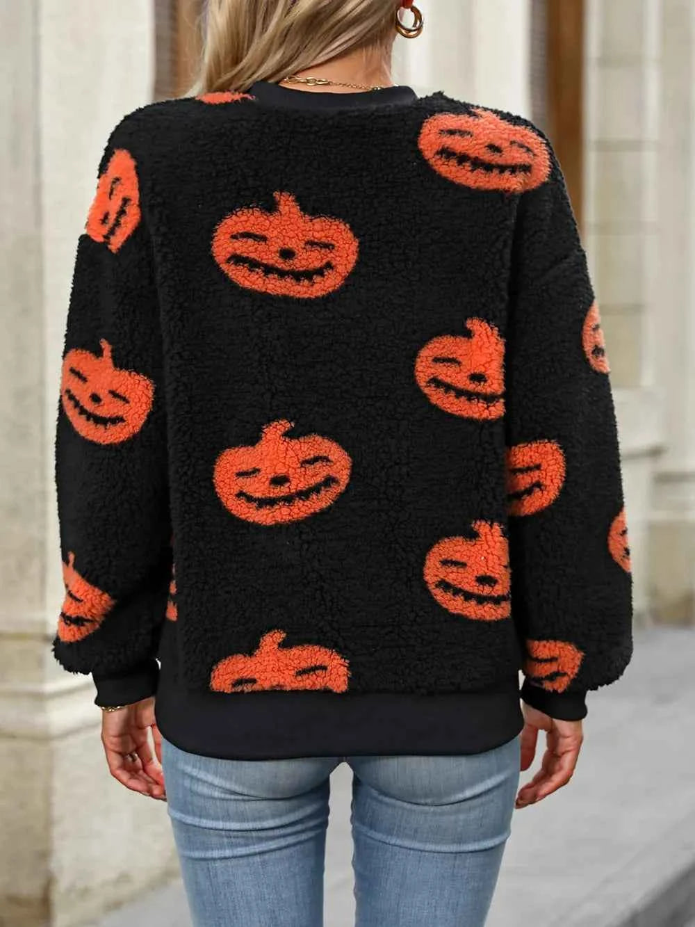 Fuzzy Pumpkin Round Neck Dropped Shoulder Sweater 7e79228f-da25-491d-b63d-af1146b6837d-Max