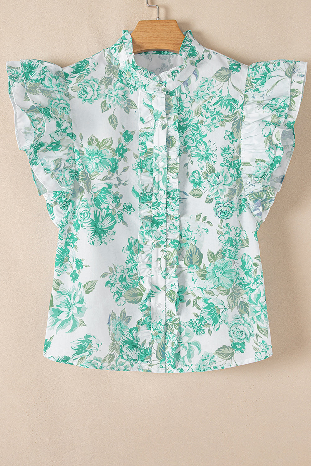Sky Blue Floral Print Ruffle Sleeve Frill Shirt 7e7be6b6049a3b8b