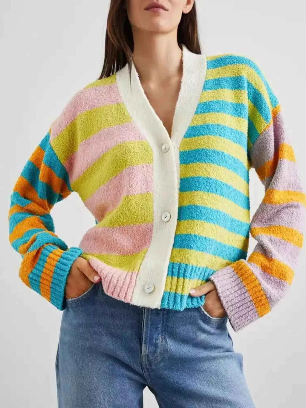 Striped Knit Button-Down Cardigan Pink Green 7e817dc8-1844-499d-90e1-2b1cdaff58ef-Max-Origin