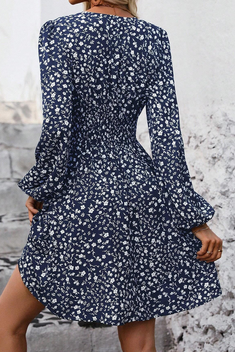 Dirty Blue Floral Print V Neck Long Sleeve Mini Dress 7e82dd17e960db56