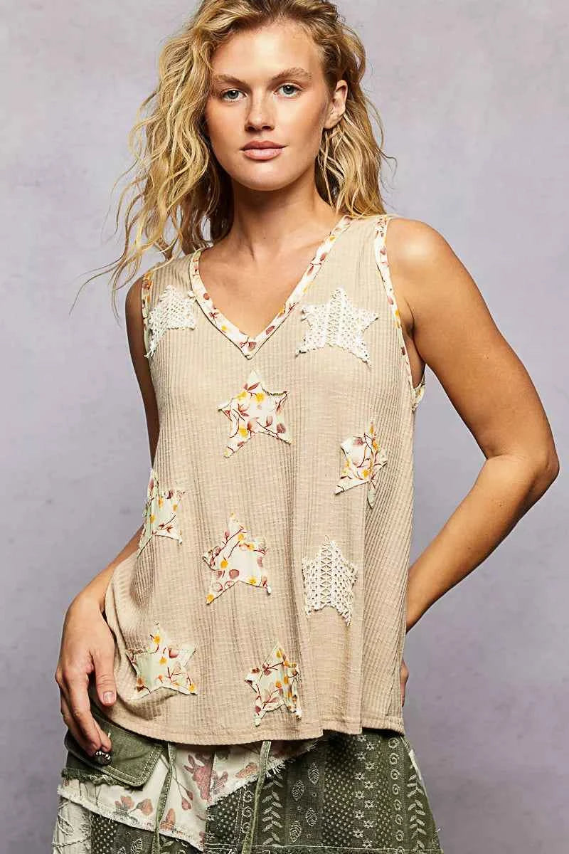 POL Washed Ribbed V-Neck Tank with Floral Print Star Patch WHEAT BEIGE 7e8b2d8b-06b0-49fa-83fd-0789c30ce287-Max-Origin