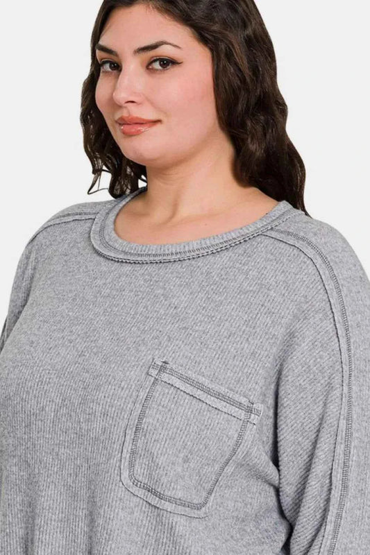 Full Size Contrast Stitching Brushed Ribbed Hacci Knit Top 7e8c2a64-d9da-4eed-bff3-b40308a94f5d-Max