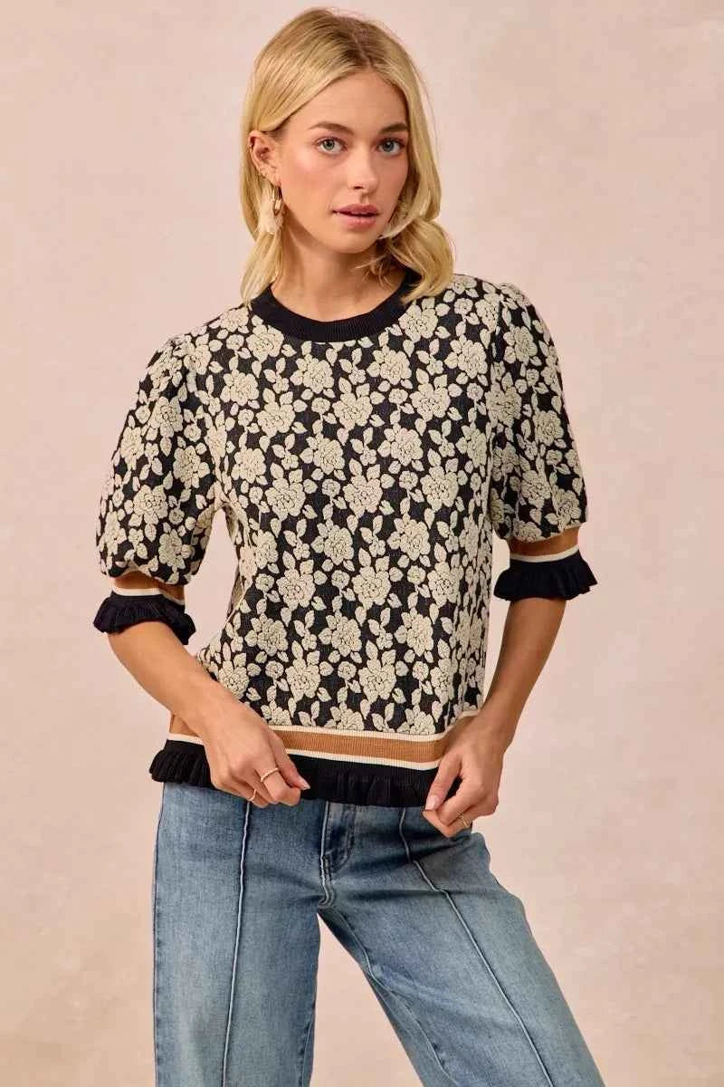 BiBi Textured Rose Knit Top Contrast Banded Puff Sleeve 7e8fbe20-a7c5-4e54-8c82-f07510d55349-Max-Origin