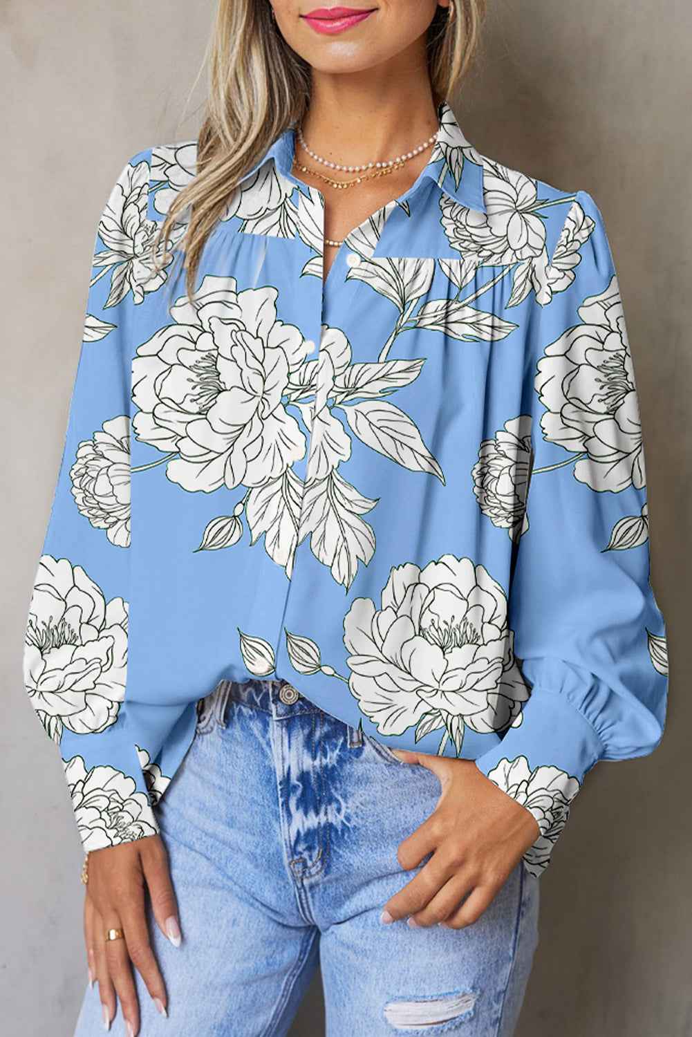 Sky Blue Floral Print Pleated Puff Sleeve Shirt Sky Blue 100%Polyester 7e8ff92a965e4a9a
