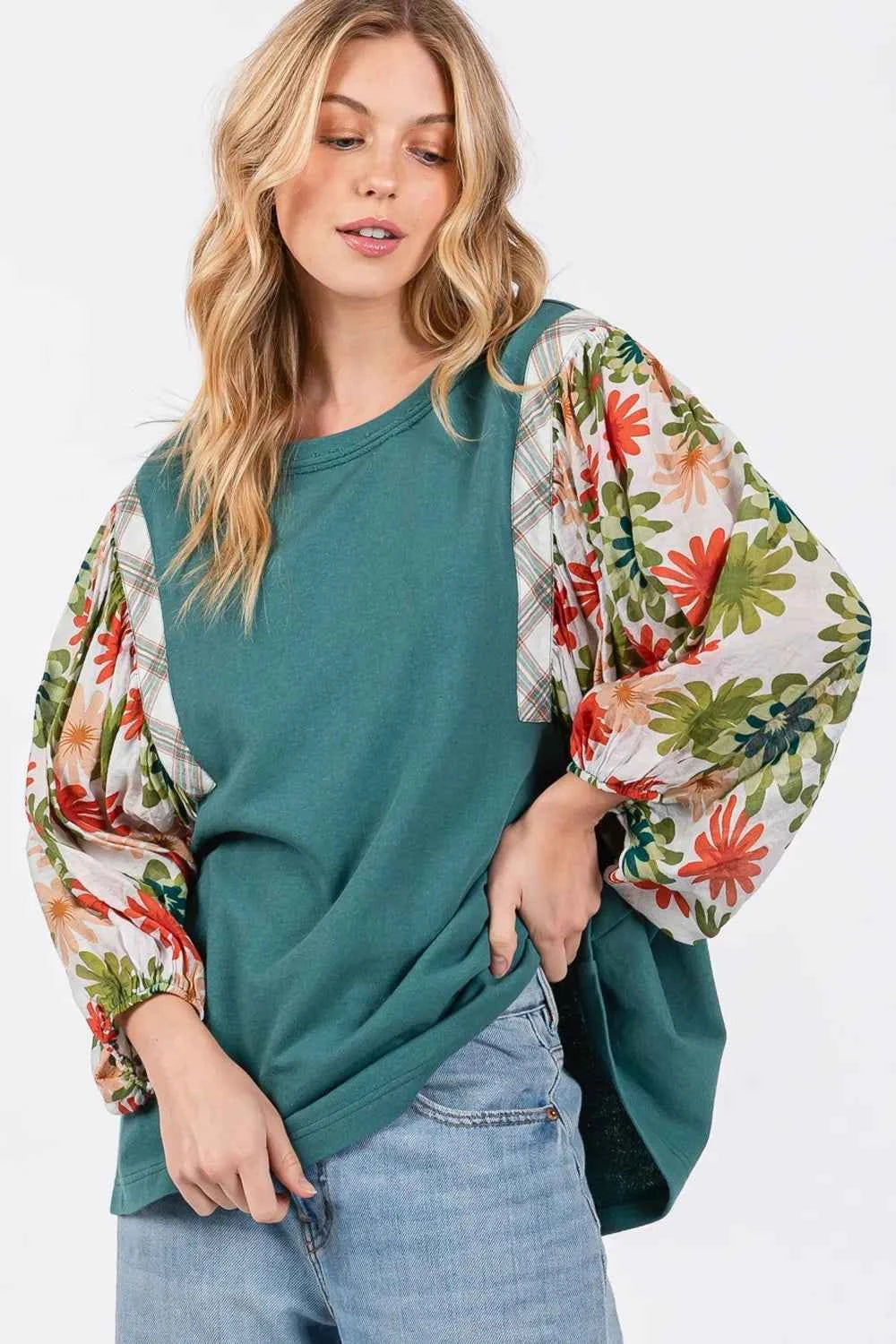 SAGE + FIG Full Size Printed Balloon Sleeve Contrast Top 7e91c685-e1dc-47a7-861e-e03dad1c7fab-Max