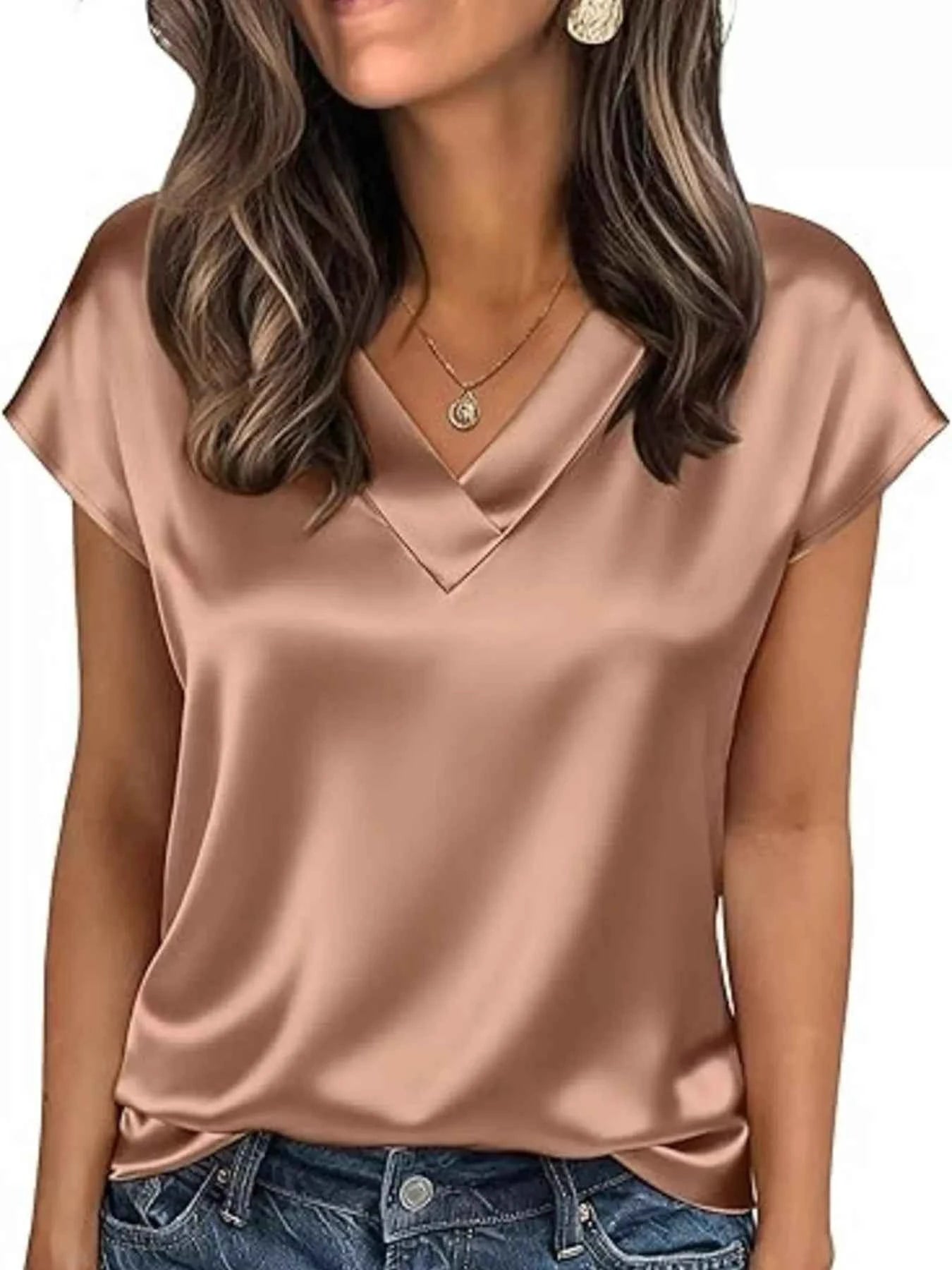 Satin V-Neck Short Sleeve Blouse Light Brown 7e92bed377014635abef1add79679ee1-Max-Origin