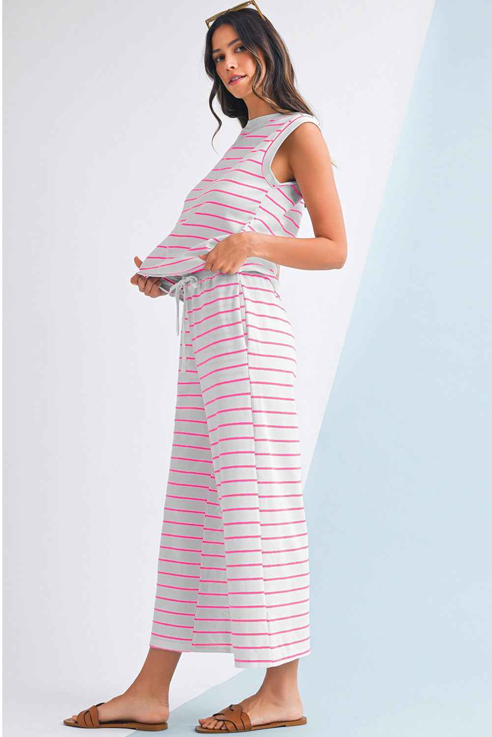Sail Blue Casual Striped Tee and Wide Leg Pants Set 7e9766837eb8c8e2