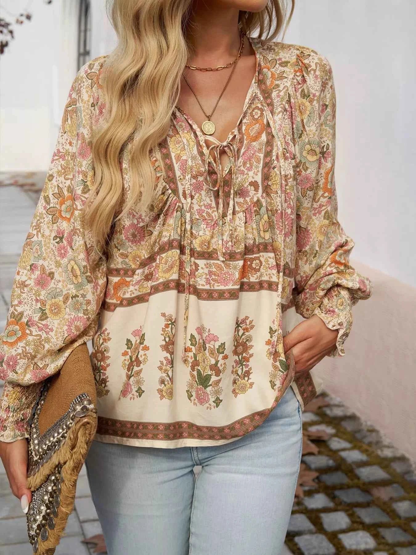 Floral Print Tie Neck Bohemian Blouse Beige 7e9d097d-ce1a-4cfd-9606-d45c6ea59f01-Max-Origin