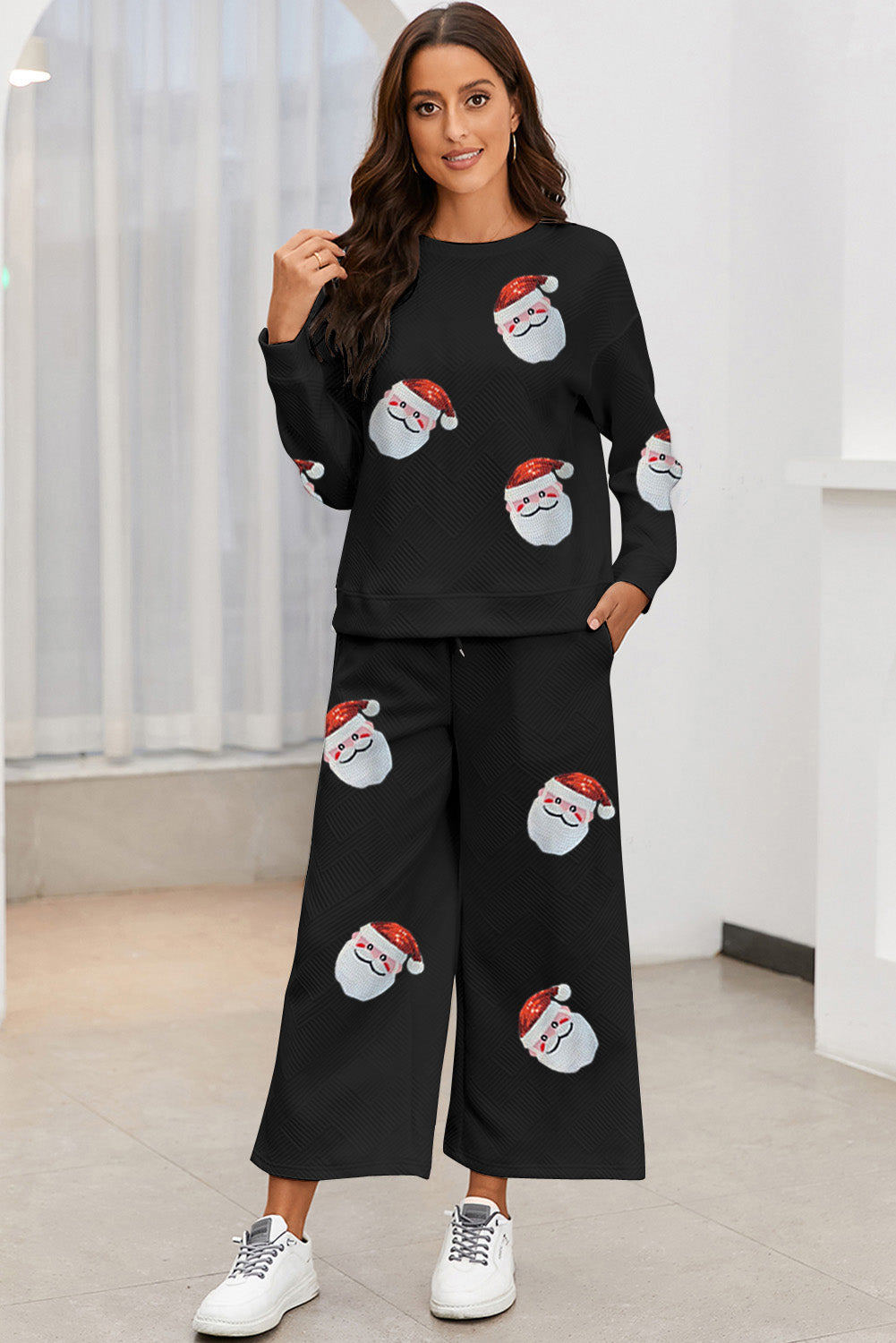 Black Christmas Santa Clause Graphic Sequins Patch Textured Pants Set