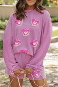 Phalaenopsis Corded Ribbed Sequin Donut Heart Graphic Long Sleeve Pullover and Shorts 2pcs Set Phalaenopsis 75%Polyester+20%Viscose+5%Elastane 7ea99f43627365c3