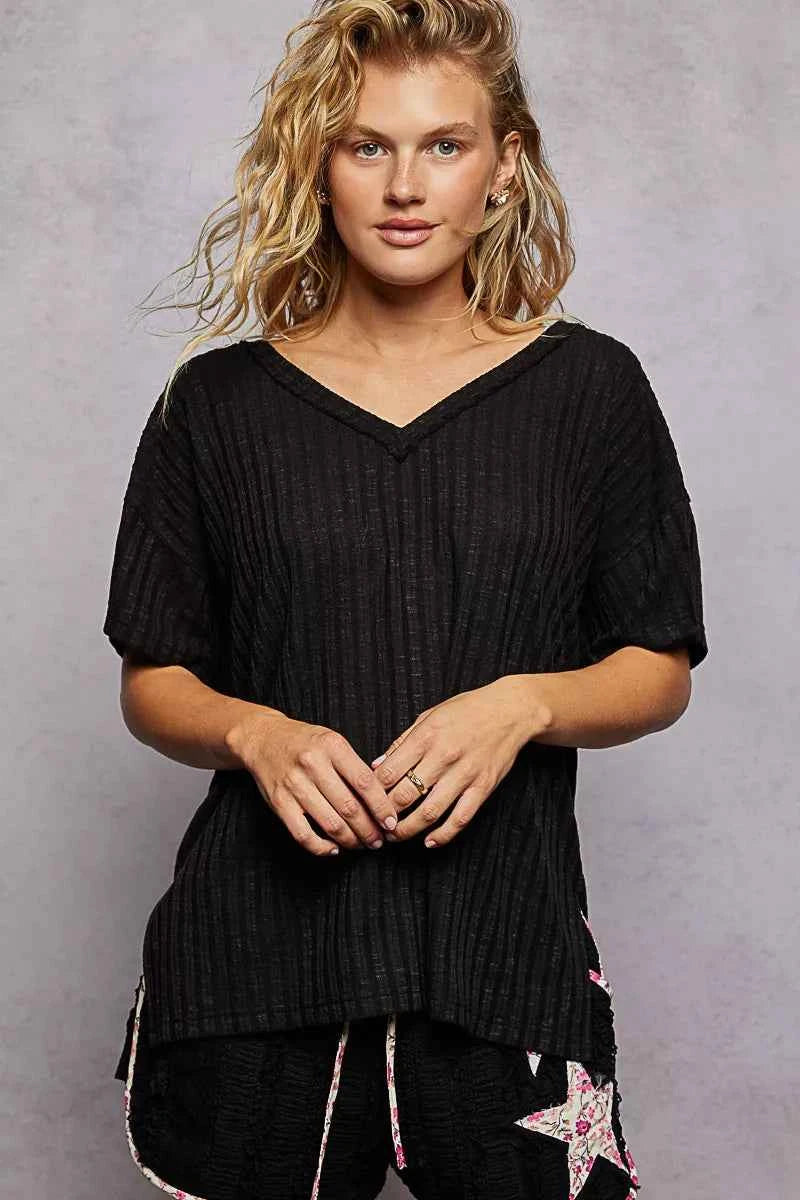 POL Ribbed Knit V-Neck Short Sleeve T-Shirt 7eadd38e-bc81-48ba-a373-b55ff5807802-Max-Origin