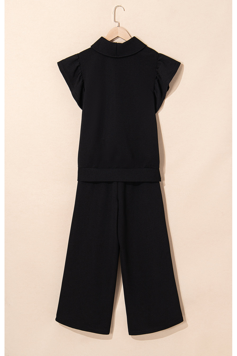 Black Textured Ruffle Sleeve Zipped Top and Wide Leg Pants Set