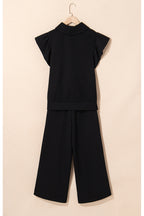 Black Textured Ruffle Sleeve Zipped Top and Wide Leg Pants Set