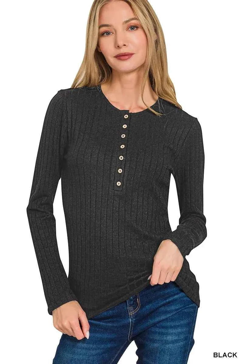 Zenana Ribbed Long Sleeve Half Button Top BLACK 7eb13a4fd27a4263b66aedd69f1a8285-Max-Origin