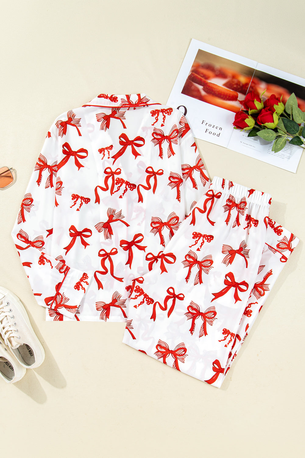 Red Christmas Bow Print Long Sleeve 2pcs Pajama Set 7eb3e5c828420c9c