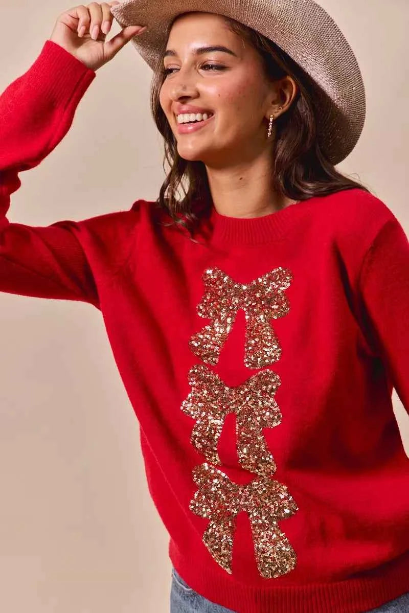 SO ME Sequins Bow Ribbon Embellished Christmas Sweater 7eb74af4c0b84948ab4f0760d601953c-Max-Origin