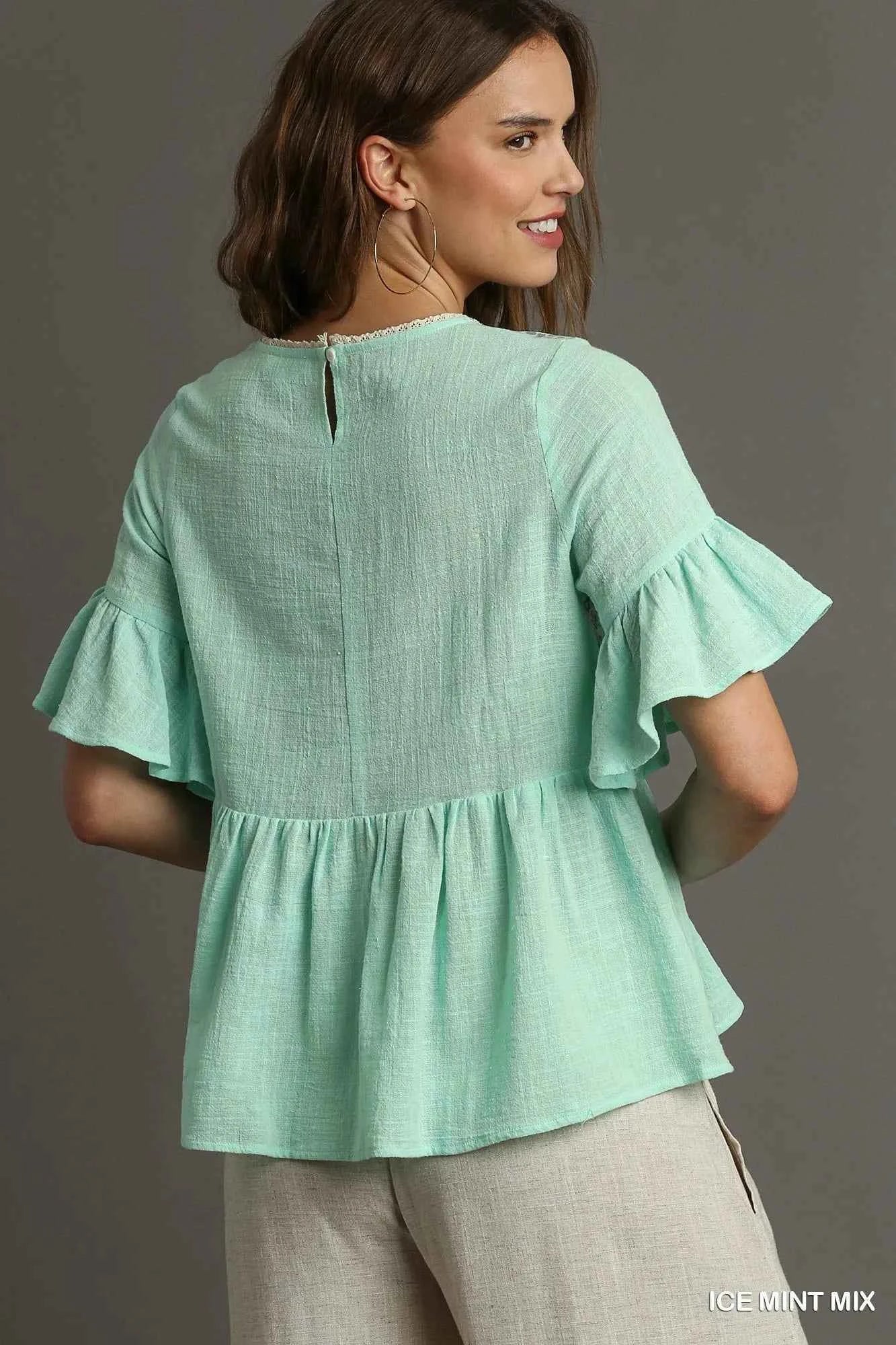 Umgee Floral Lace Trimmed Detail Half Sleeve Babydoll Top 7ebb1b70-2013-46a9-984f-171254002ac7-Max-Origin