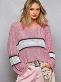 POL V-Neck Striped Pattern Cropped Knit Top with Cable Knit Detail PINK 7ebd730e-c7e2-4095-88e5-dff78e97e296-Max-Origin