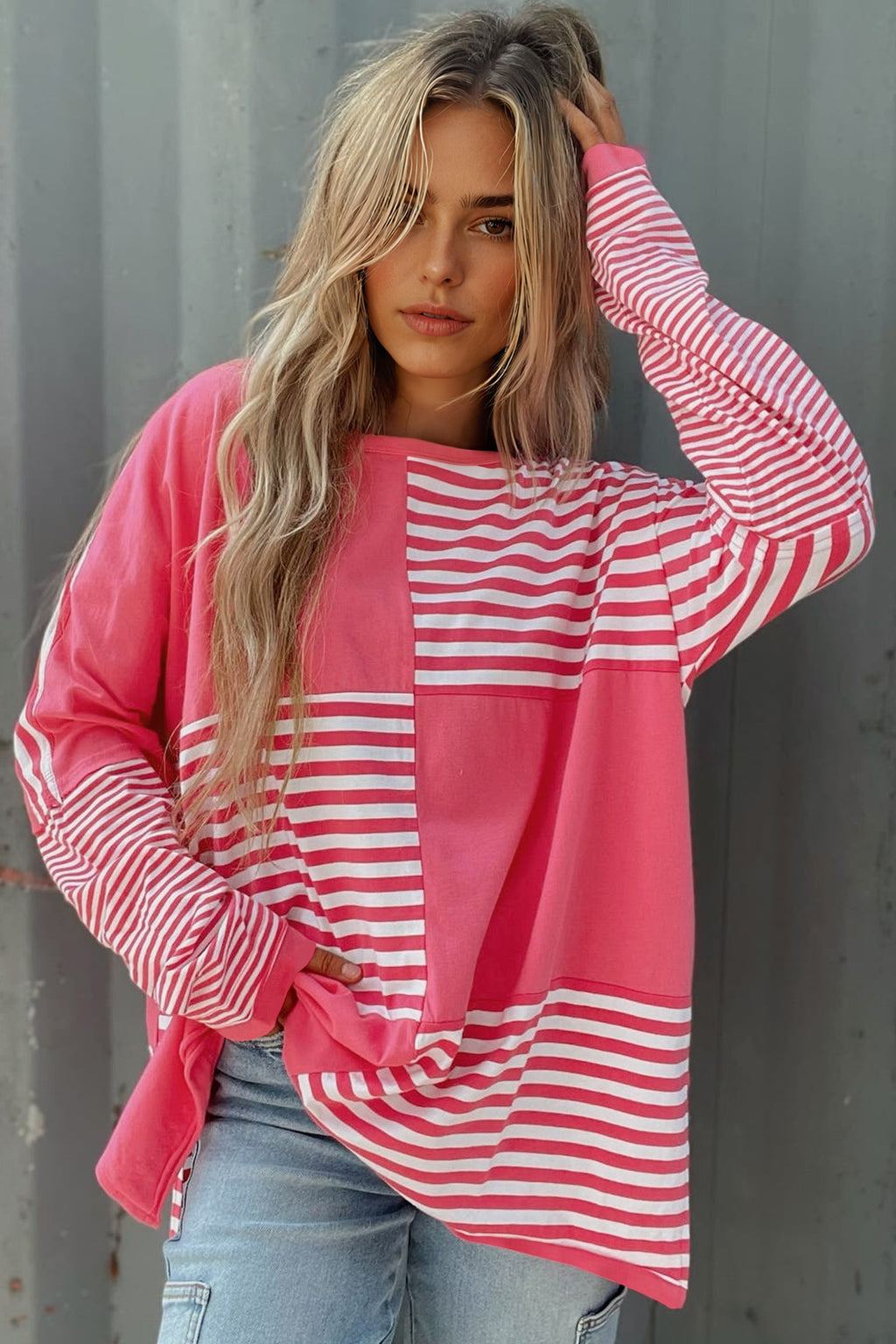 Pink Stripe Color Block Patchwork Drop Shoulder Long Sleeve Tunic Top 7ec80e551cfee973