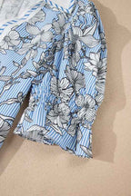 Floral Stripe Polo Collar Short Sleeve Blouse 7ec8ad24-e50e-4515-95ba-7e2f9ce03493