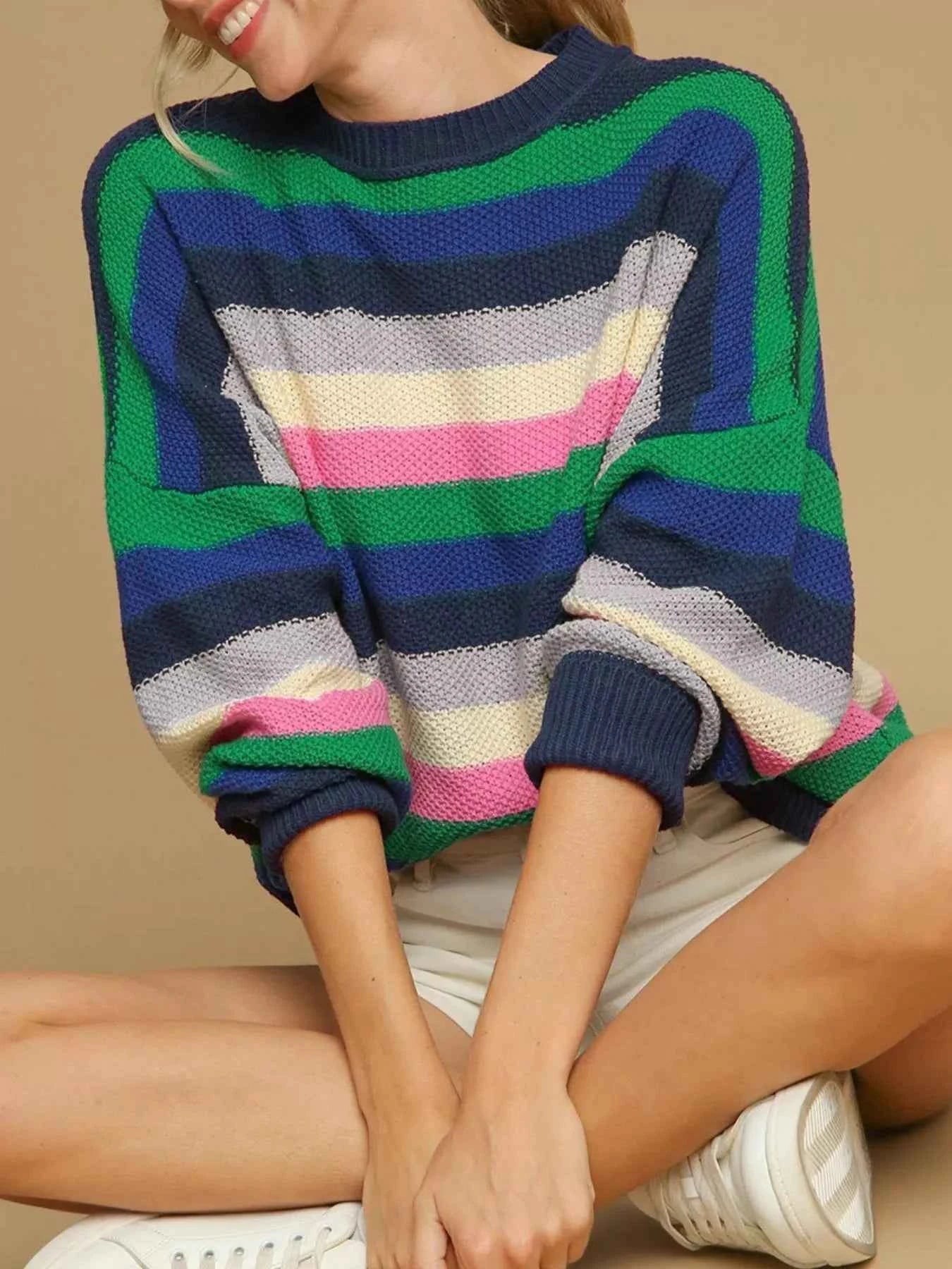 Rainbow Striped Crew Neck Drop Shoulder Sweater 7ec985a7-751b-449e-9330-b88c3e8d4953-Max-Origin