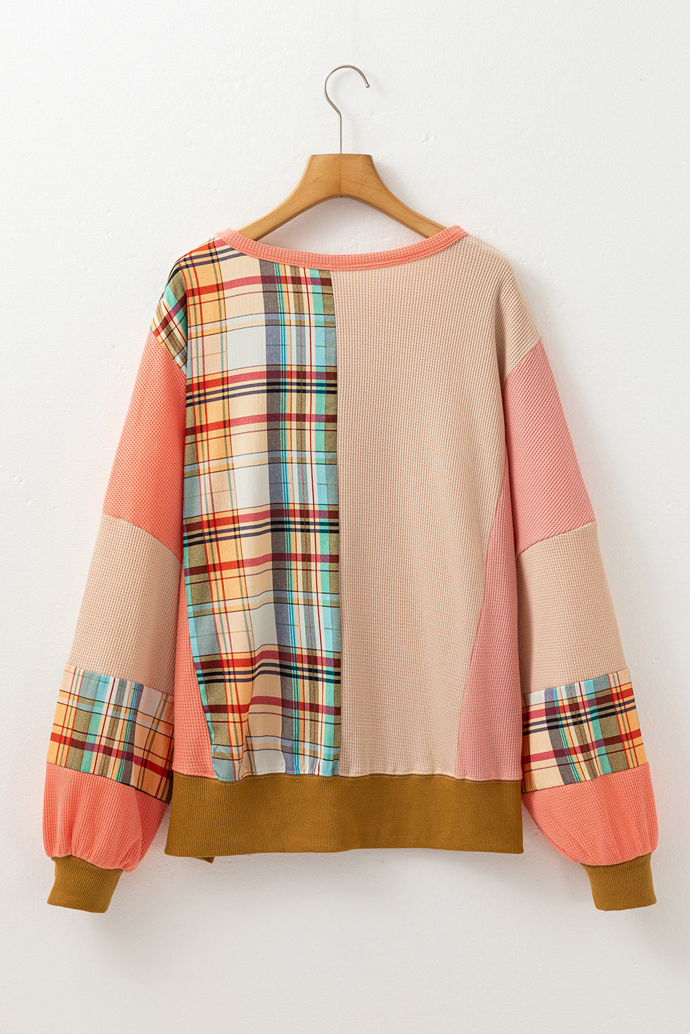 Multicolor Plaid Flower Patchwork Waffle Drop Shoulder Loose Top 7ecae5a60e9023fa