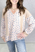 Beige Floral Print Waffle Patchwork Balloon Sleeve V Neck Oversized Top Beige 75%Polyester+25%Cotton 7ecd4351adcbd1fc