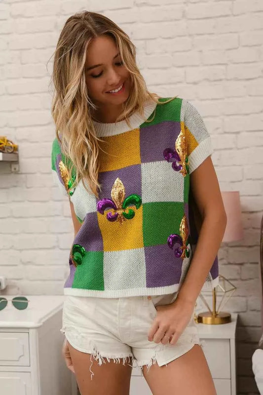 Sequin Embroidery Mardi Gras Checker Sweater Top 7ece41053ef349ec811f191f91a3e7a7-Max-Origin