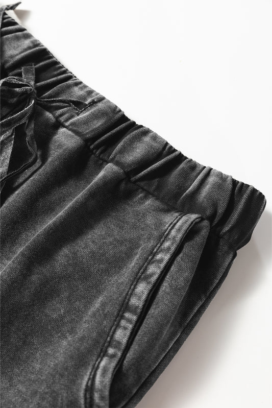 Black Mineral Wash Tiered Wide Leg Patchwork Drawstring Pants 7ed0519d85912ef5