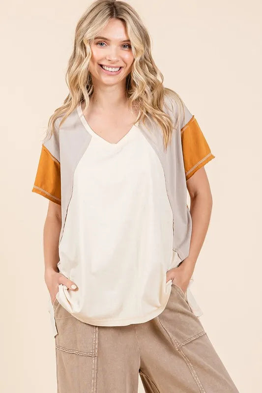 Mittoshop Color Block V-Neck Short Sleeve T-Shirt 7ed2cc1b-5286-43c6-a516-28dcbc585a3d-Max